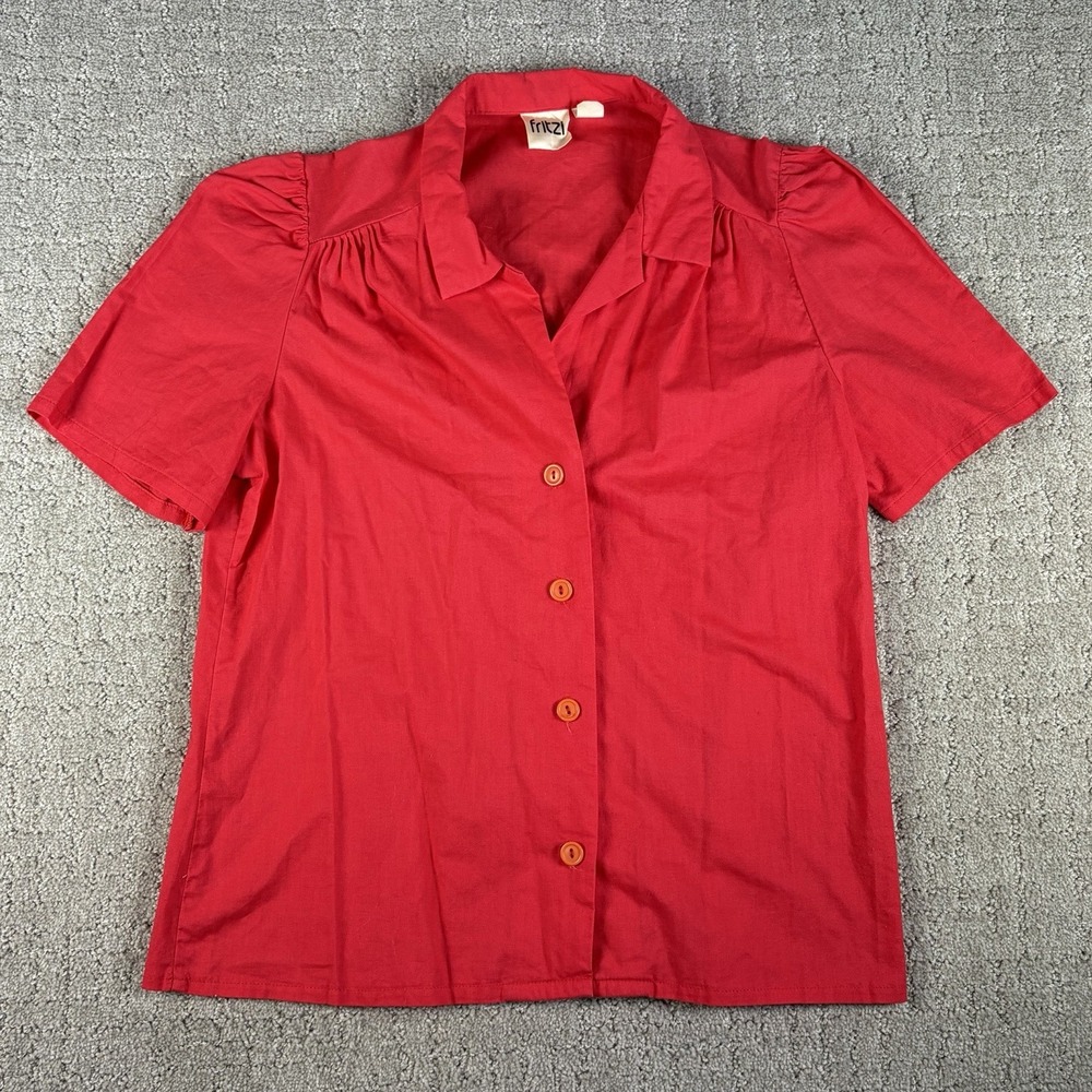 Vtg Fritzi of California Red Blouse Womens Large L Cotton Button Up Mod Retro